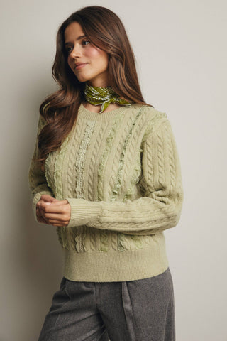 Lace Trim Cable Knit Pullover  in Matcha