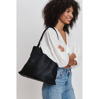 Solana Woven Vegan Leather Tote in Black