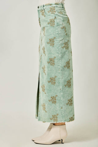 Embroidered Front Slit Corduroy Skirt in Washed Black