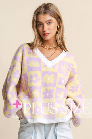 Floral Checkered Knit V Neck Sweater