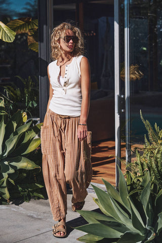 Striped Drawstring Harem Pants in Taupe