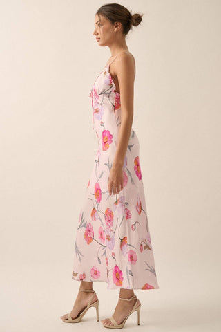 Floral Satin Maxi Slip Dress in Soft Pink