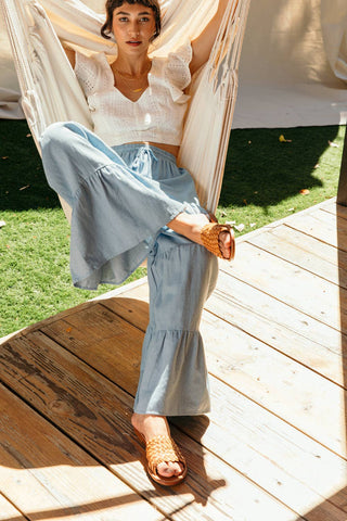 Chambray Tiered Wide Leg Pants in Light Blue