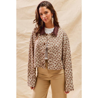 Floral Cropped Jacket With Corduroy Collar