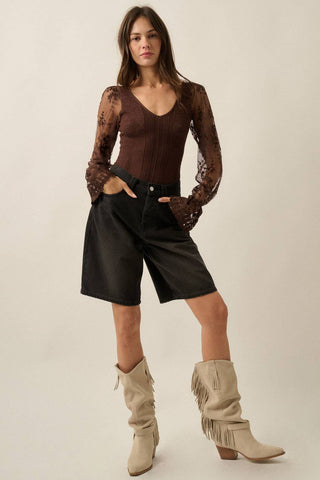 Bubble-Sleeve Bodysuit in Deep Brown