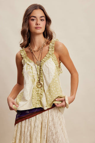 Ruffle Trim Patchwork Tank in Light Olive