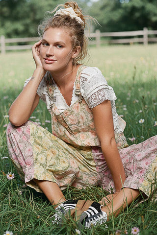 Boho Floral Print Overall in Rose Lemon