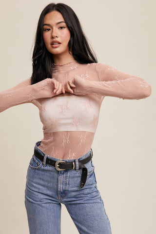 Sheer Lace Long-Sleeve Top in Blush