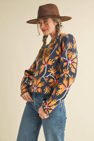 Floral Mock Neck Sweater in Navy