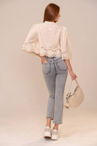 Puff Sleeve Eyelet Blouse in Ivory