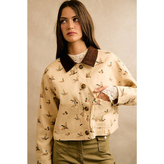 Mallard Duck Print Corduroy-Collar Jacket