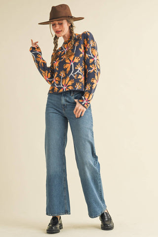 Floral Mock Neck Sweater in Navy