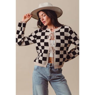 Checkered Knitted Cardigan in Oatmeal