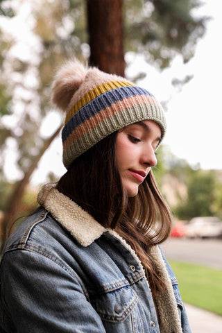 Multi Pastel Stripe Knit Pom Beanie