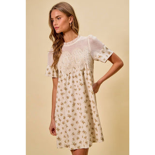 Floral Lace Mini Dress in Beige