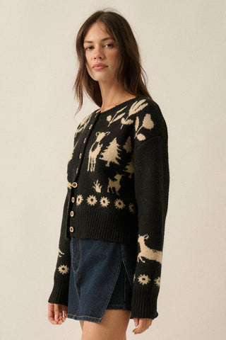 Forest Motif Knit Cropped Cardigan