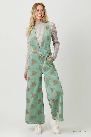Embroidered Corduroy Jumpsuit in Washed Seafoam