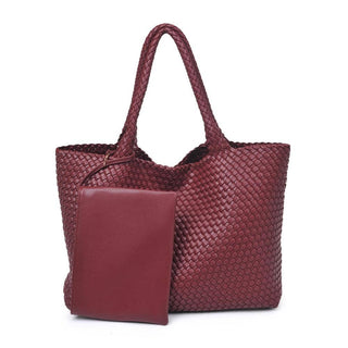 Solana Woven Vegan Leather Tote in Burgundy