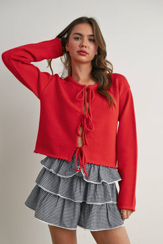 Tie-Front Cropped Sweater in Red