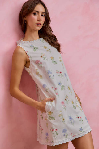 Floral Sleeveless Dress with Lace Trim