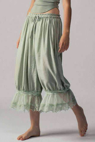 Lace-Trimmed Cropped Bloomer Pants in Sage