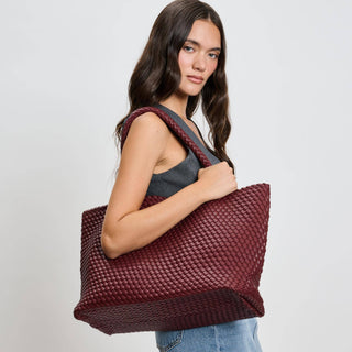 Solana Woven Vegan Leather Tote in Burgundy