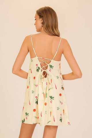 Veggie Print Lace-Back Mini Dress