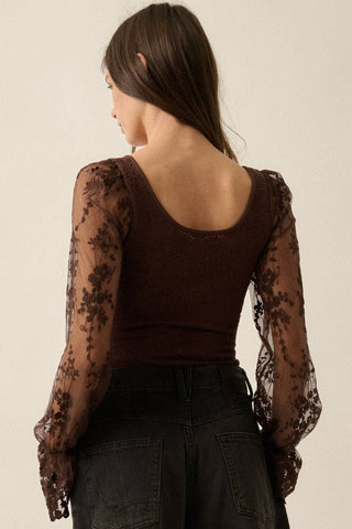 Bubble-Sleeve Bodysuit in Deep Brown