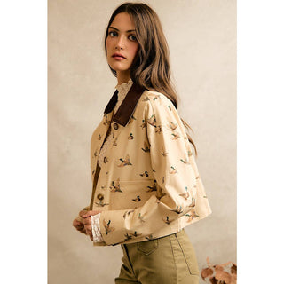 Mallard Duck Print Corduroy-Collar Jacket