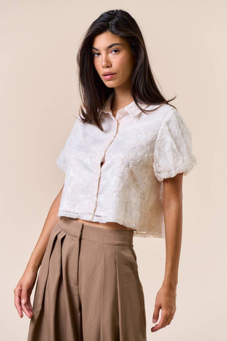 Floral Jacquard Top With Sequin Embroidery in Cream