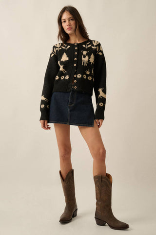 Forest Motif Knit Cropped Cardigan