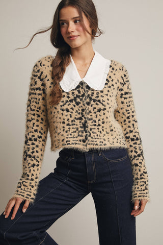 Fuzzy Leopard Button-Up Cardigan in Taupe