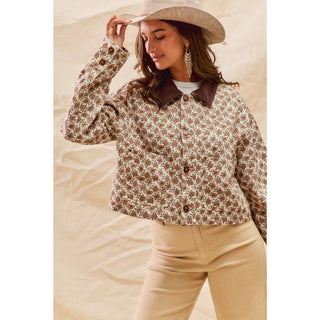 Floral Cropped Jacket With Corduroy Collar