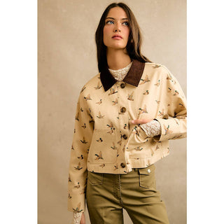 Mallard Duck Print Corduroy-Collar Jacket