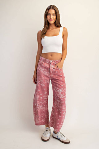 Mineral Washed Paisley Barrel Jeans in Dusty Rose