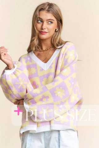 Floral Checkered Knit V Neck Sweater