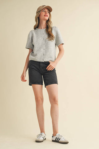 Puff Short Sleeve Cardigan Sweater in Grey