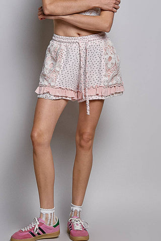 Boho Floral Lace Patch Ruffle Shorts