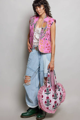 Heart Shaped Ruffle Quilted Tote Bag