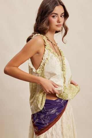 Ruffle Trim Patchwork Tank in Light Olive