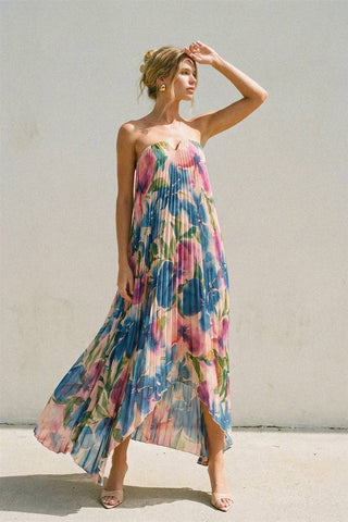 Pleated Maxi Dress in Lapis Bloom
