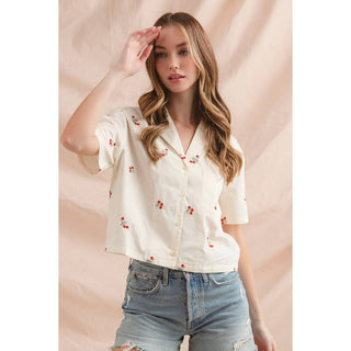 Floral Embroidered Button Down in Cream