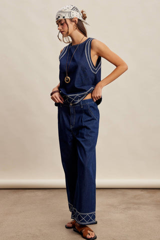 Embroidered Denim Tank & Wide-Leg Pants Set