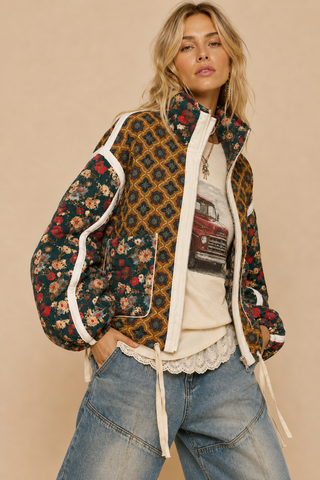 Quilted Bomber Jacket in Mustard Brown