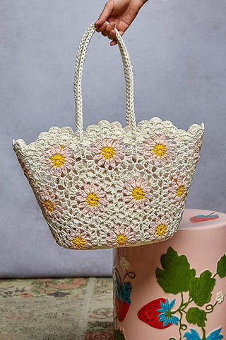 Floral Crochet Tote Bag in Pink