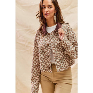 Floral Cropped Jacket With Corduroy Collar