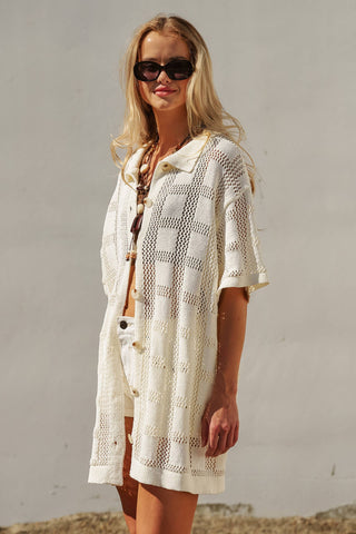 Open-Knit Collared Tunic in Ivory