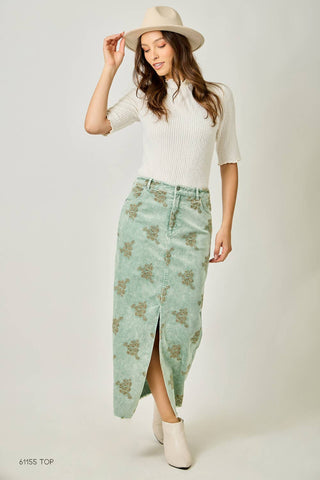 Embroidered Front Slit Corduroy Skirt in Washed Black