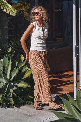 Striped Drawstring Harem Pants in Taupe