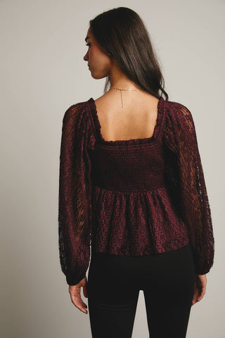 Pleated Lace Peplum Blouse in Burgundy
